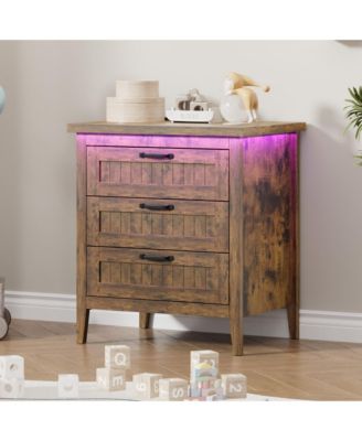 Farmhouse Drawer Dresser with Charging Station and LED Lights, Slim Wooden Bedroom Dresser