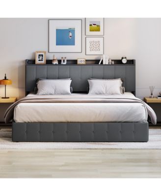 Lift Up Bed Frame, Upholstered Bed with Button Tufted Wingback Storage Headboard, Hydraulic Storage, No Box Spring Needed, Wood Slats Support