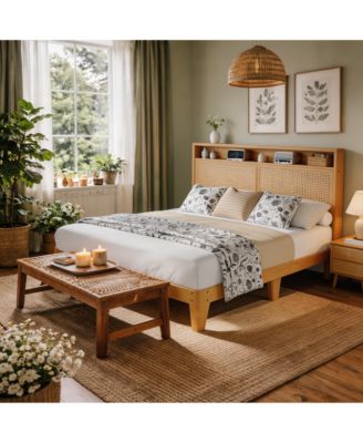 Bed Frame with Rattan Headboard ,Bohemian Bed Frame with LED Lights and Charging Station