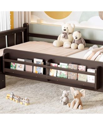Twin Size Floor Bed with Stairs and Bookcase, Solid Wood Low Profile Bed Frame with Guardrails, Kids Bed for Boys Girls, 350 LBS Capacity