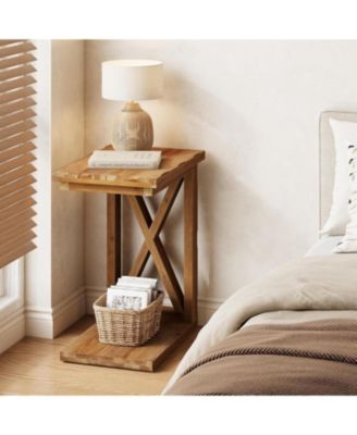 Solid Wood End Table Set of 2, 2-Tier C Shaped Side Table, Solid Wood Sofa Side Table, Simple Nightstand