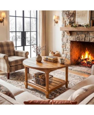 Round Coffee Table, 31.5" Farmhouse Solid Wood Center Table with Storage, 2-Tier Circle Accent Table