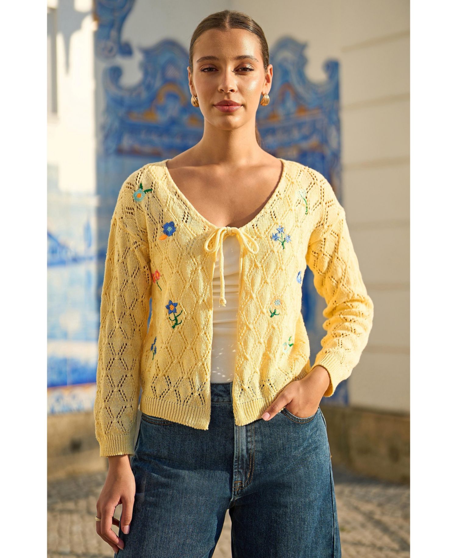 Women's Embroidered Pointelle Cardigan