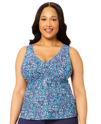 Plus Size Printed V-Neck Underwire Tankini Top