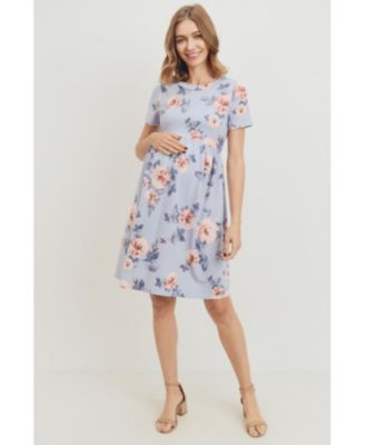Maternity Floral Print Empire Waist Short Sleeve Knit Dress with Pockets