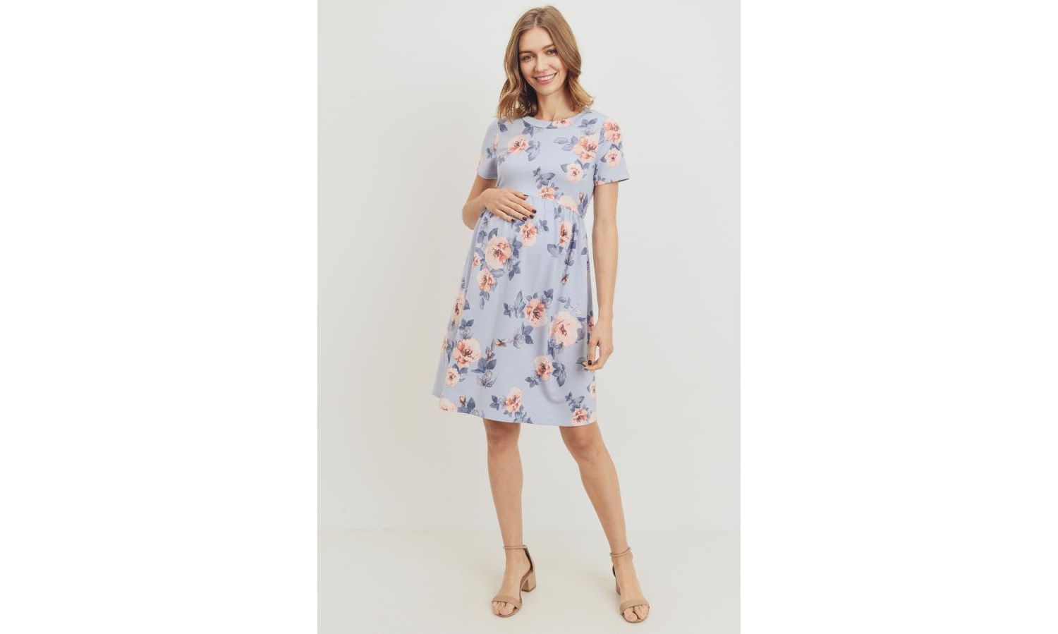 Women's Floral Print Empire Waist Short Sleeve Knit Dress with Pockets