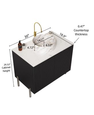 30 Inch Freestanding Bathroom Vanity with White Ceramic Sink Stone Pattern Carrara Top 2 Door Storage Cabinet No Faucet
