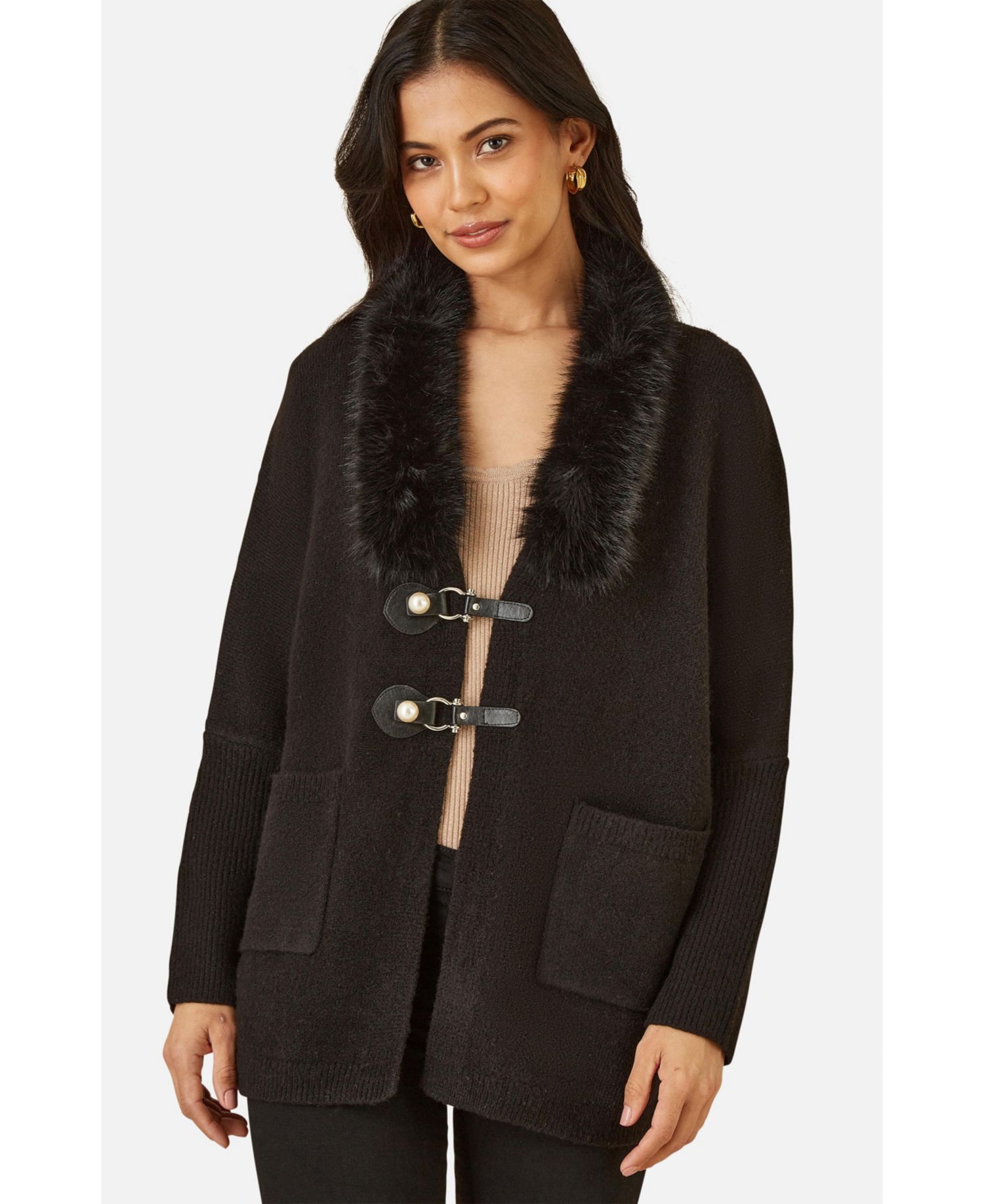 Women's Detachable Fur Collar Trim Cardigan