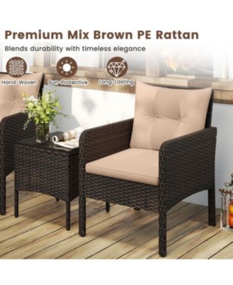 3 Piece Patio Wicker Furniture Set with Cushions for Balcony