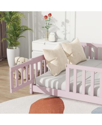 Full Size Rubber Wood Floor Bed with Fence Door and Safety Guardrails