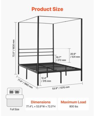 Full Size Canopy Bed Frame, Metal, Heavy Duty Steel Slats, Easy Assembly
