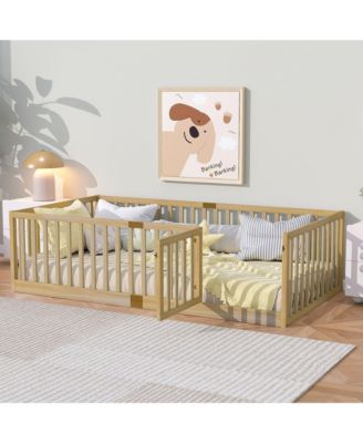 Twin Size Floor Bed with High Fence Railings, with Door