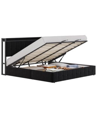 Lift Up Bed Frame, Upholstered Bed with Button Tufted Wingback Storage Headboard, Hydraulic Storage, No Box Spring Needed, Wood Slats Support