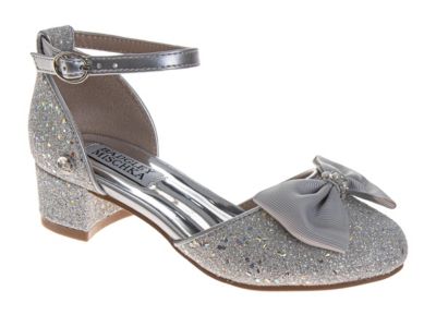 Little Girls Sparkle Dress Shoes with Bow Accent and Block Heel