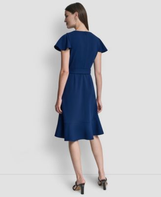 Women's Flutter Short-Sleeve V-Neck Faux-Wrap Dress