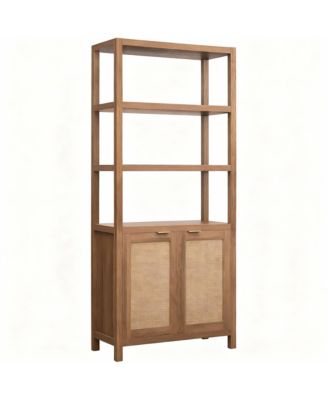 5-Tier Rattan Boho Bookcase with Doors for Home Storage