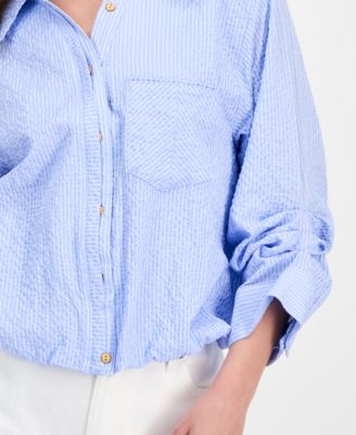 Petite Smocked Collar Bubble-Hem Striped Collared Shirt