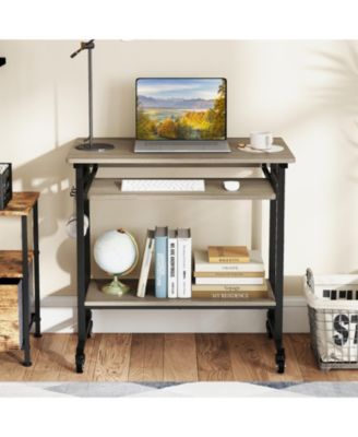 Rolling Computer Table with Pull-out Keyboard Tray and Storage Hooks