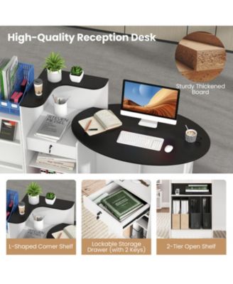 Modern Reception Counter Desk with Oval Tabletop and Lockable Drawer