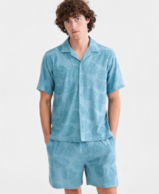 Men's Textured-Florals Knit Camp Shirt