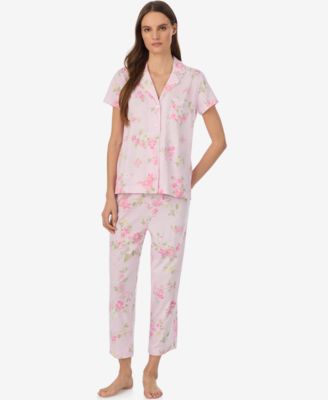 Women's Short-Sleeve Notch Collar Cropped Pant Pajama Set