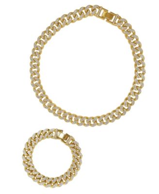Gold 2-Piece Crystal Curb Chain Necklace and Bracelet Set