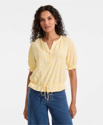 Women's Elbow Sleeve Lightweight Jersey Gathered Adjustable Hem Blouse