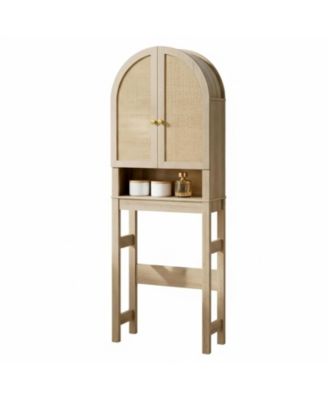Over The Toilet Storage Cabinet Arched Rattan Doors Adjustable Shelves Space Saving Freestanding Bathroom Organizer