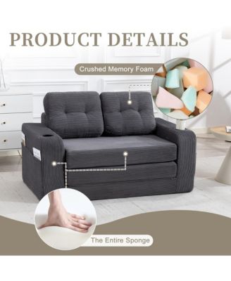 Convertible Sofa Bed, Corduroy Loveseat Floor Couch with Cup Holders and Pillows, Multi-functional Fold Out Sofa Bed for Living Room