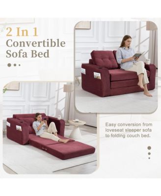 Multi-use Convertible Sofa Bed, Boneless Corduroy Loveseat Floor Couch with Cup Holders and Pillows, Modern Sofa Bed for Living Room