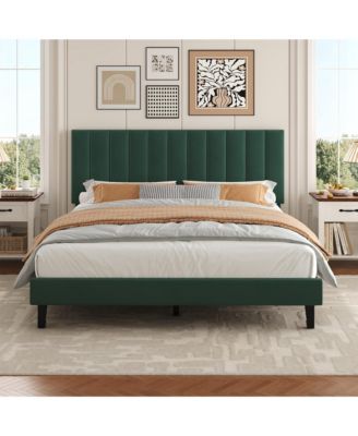 Platform Bed Frame and Velvet Upholstered Headboard with Adjustable Vertical Channel Tufted Headboard, No Box Spring Needed, Easy Assembly