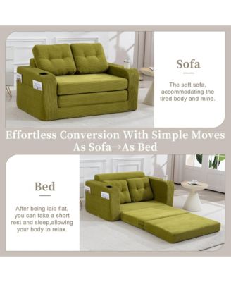 Fold Out Convertible Sofa Bed, Comfortable Corduroy Loveseat Floor Sofa with Cup Holders and Pillows for Living Room and Small Spaces