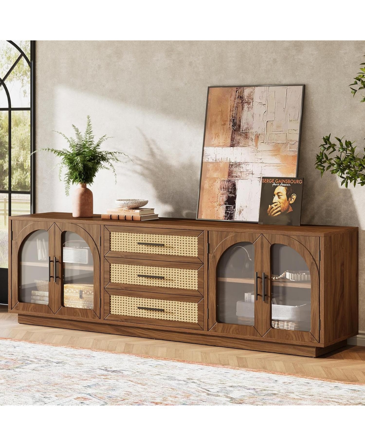 Tribesigns 71" Tv Stand for TVs up to 80", Media Console Table with 2 Storage Cabinets & 3 Rattan Drawers