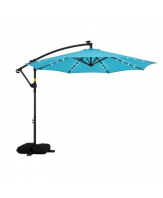 10 ft Solar Offset Hanging Umbrella with Base and LED Lights