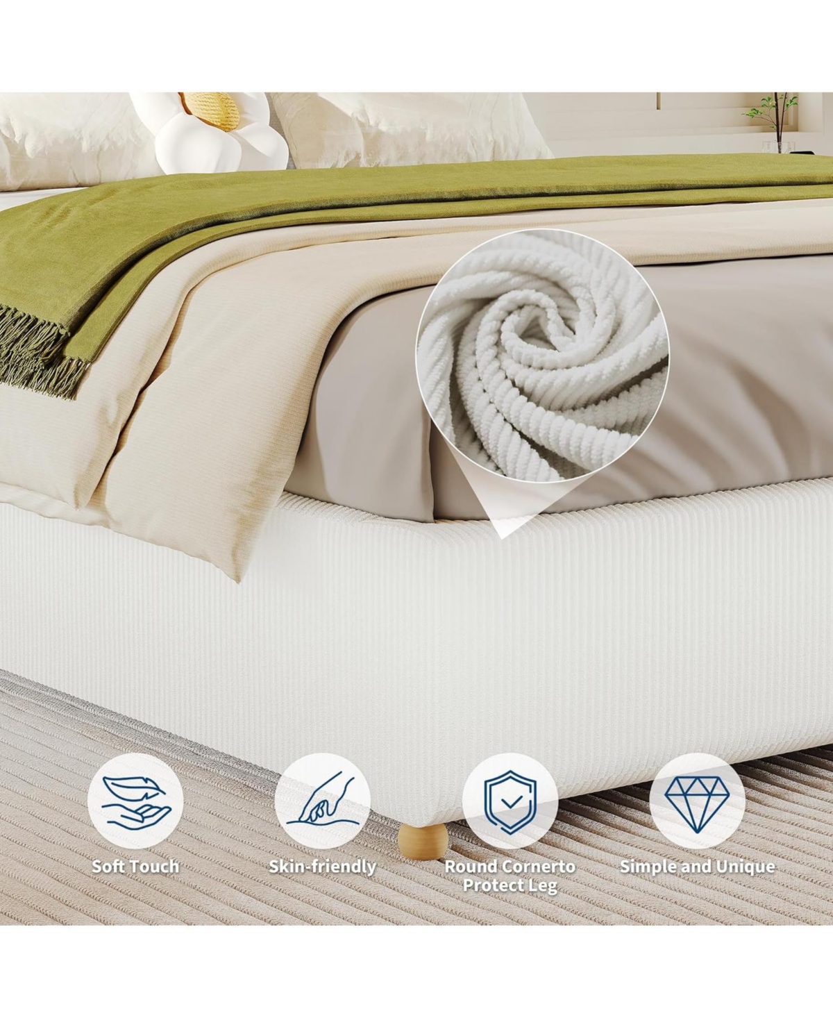 gaomon Cloud Bed Frame, Corduroy Upholstered Low Platform with Wood Legs