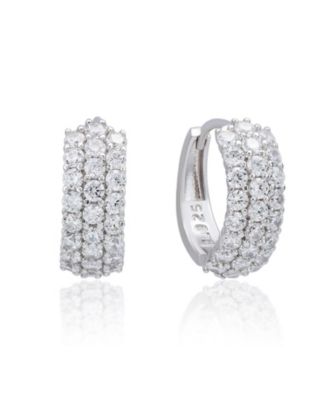 Sterling Silver Cubic Zirconia Pave Three-Row Huggie Hoop Earrings