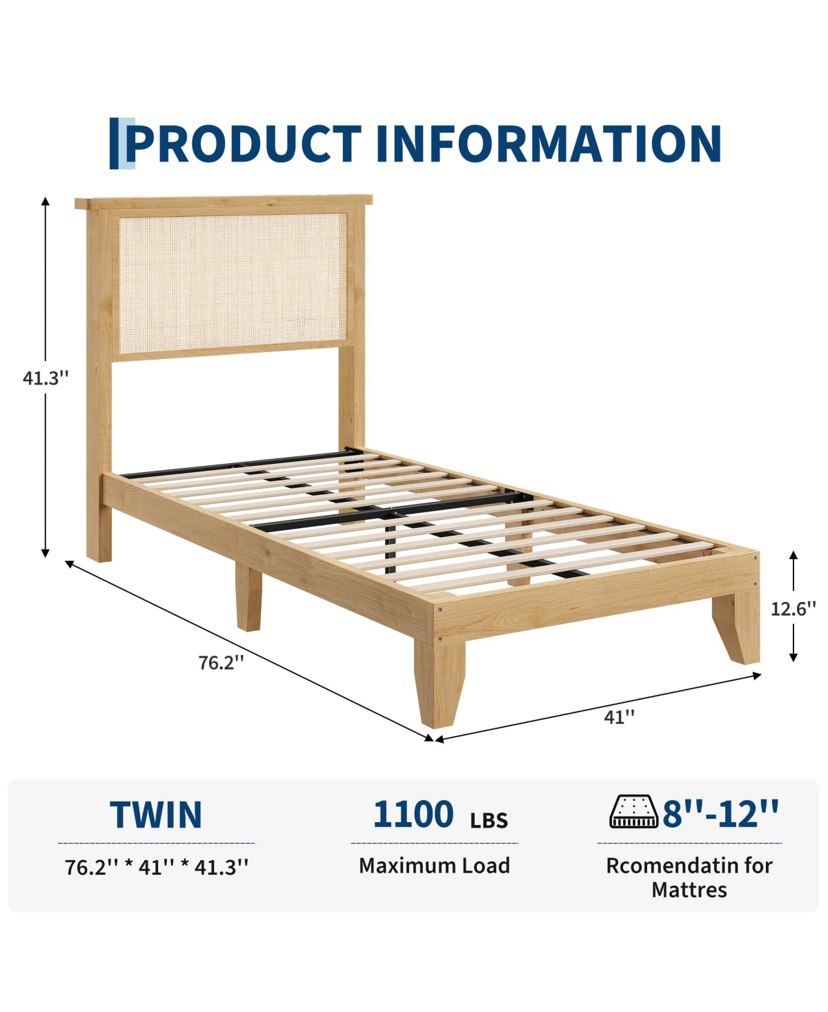 Homfan Bed Frame with Rattan Headboard, Platform Bed Frame with Led Lights