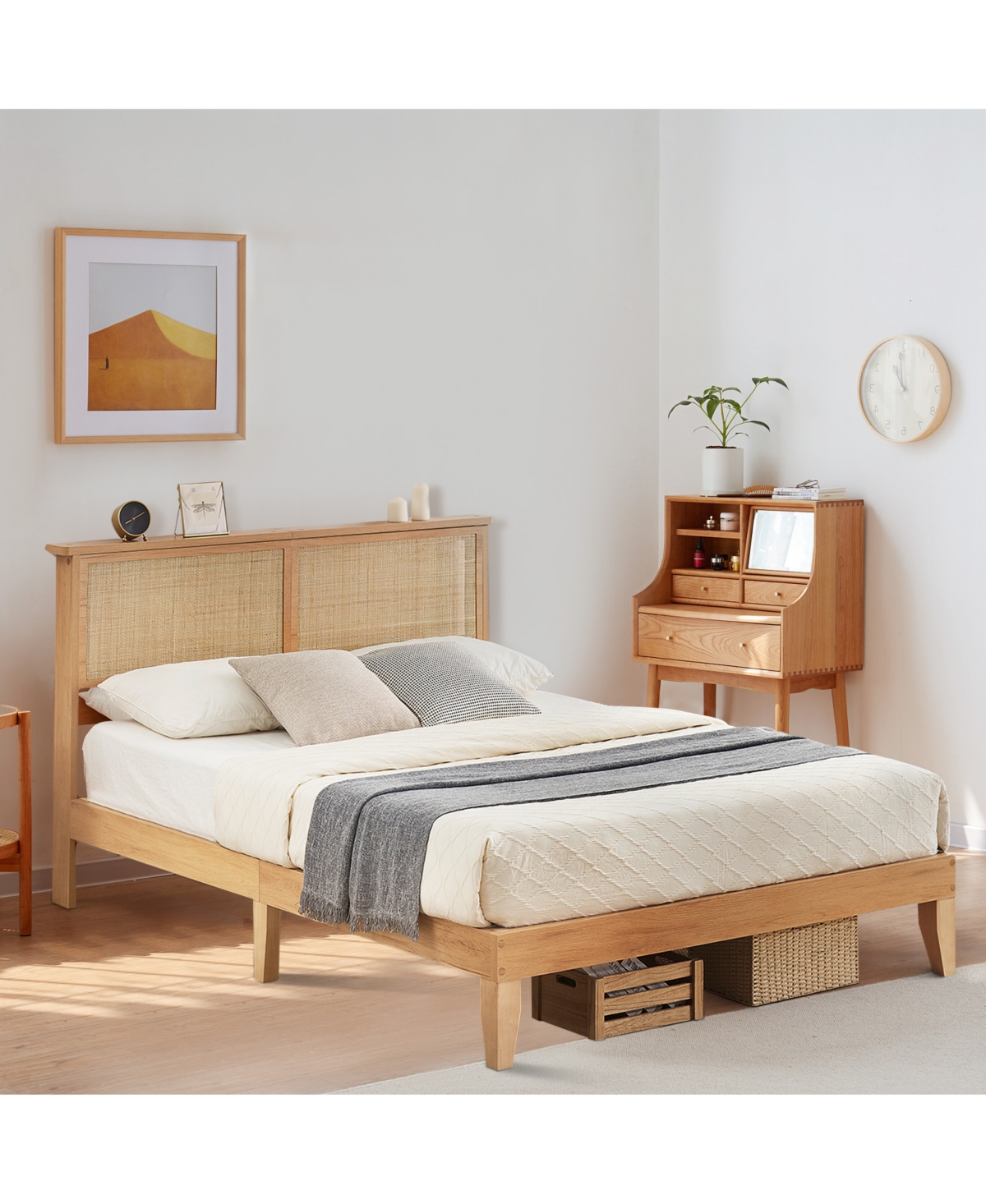 Homfan Bed Frame with Rattan Headboard, Platform Bed Frame with Led Lights