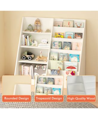 Kids Bookshelf and Toy Storage Organizer - 4 Tier Wooden Bookcase Display Stand for Nursery, Playroom and Classroom