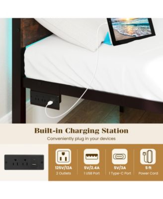 King Size Heavy-Duty Metal Slats Support Bed Platform with Charging Station