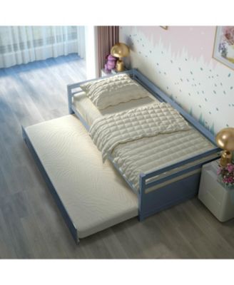 Twin Size Trundle Platform Bed Frame with Wooden Slat Support