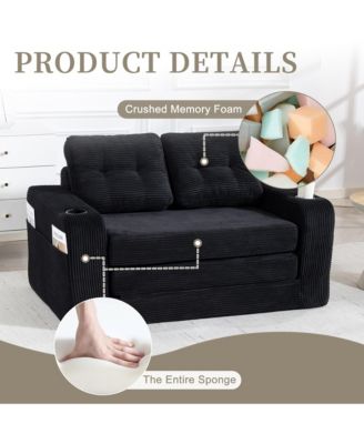 Convertible Sofa Bed, Foldable Loveseat Couch with Cup Holders and Pillows, Corduroy Fabric Futon for Living Room and Small Spaces