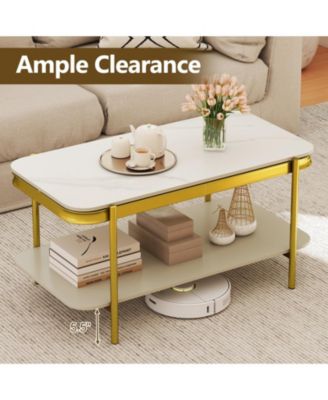 35.5 in Modern Sintered Stone 2-Tier Coffee Table with Gold Metal Frame