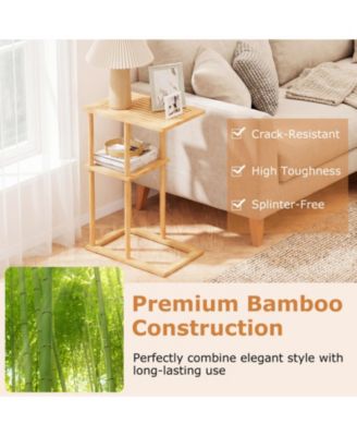 Set of 2 Bamboo Side Tables with 2-Tier Storage Shelves