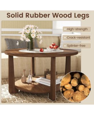 31.5 in Farmhouse Round Coffee Table with 2-Tone Top and Storage Shelf