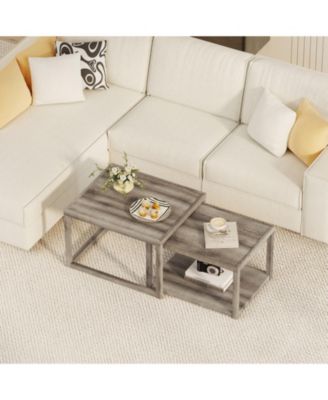 Set of 2 Stackable Nesting Rectangular Coffee Tables with Storage Shelf