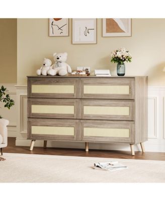 Modern Rattan 6 Drawer Dresser for Bedroom, Wooden Chest of Drawers with Storage, Clothes Organizer Cabinet
