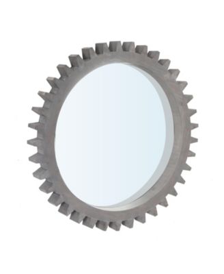 Vintage 34 x 34 Inch Wood Round Hanging Gear Shape Heavy Decorative Mirror for Bathroom Living Room Entryway