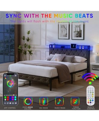 Full Size Upholstered Bed Frame with Storage Headboard, LED Lights and Charging Station, Platform Bed