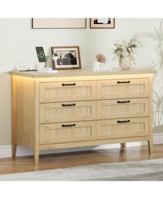 Farmhouse Drawer Dresser with Charging Station and LED Lights, Slim Wooden Bedroom Dresser
